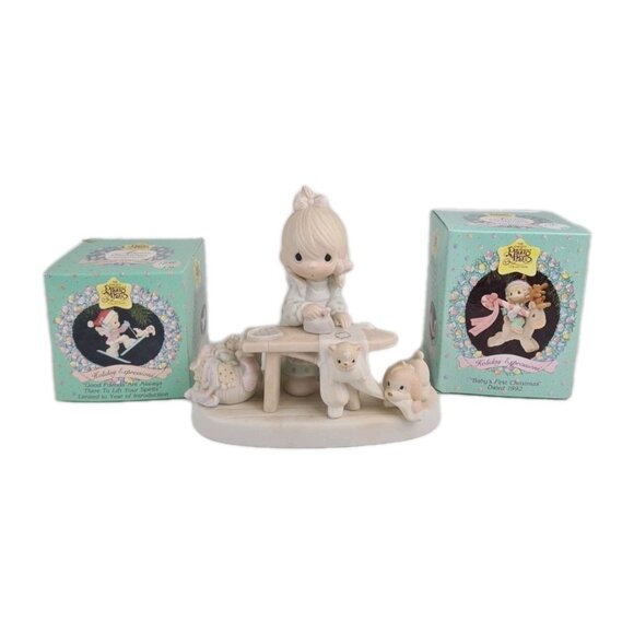 Precious Moments E-9265 "Press On" Girl Porcelain Figurine Vntg +2 Ornaments - Picture 1 of 7